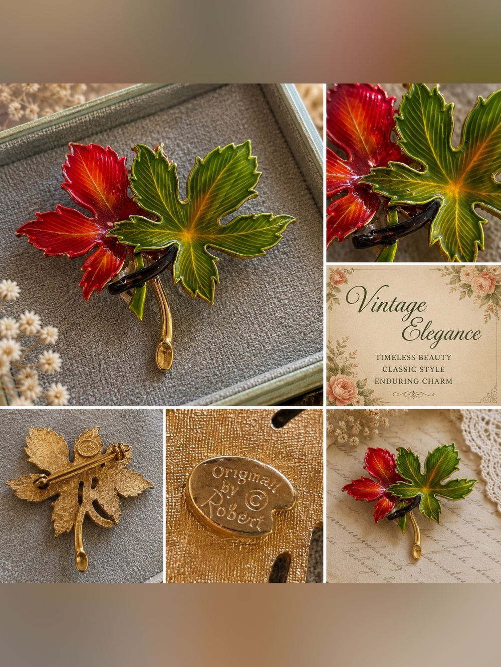 Original by Robert Enamel Maple Leaf Brooch in Green and Red
